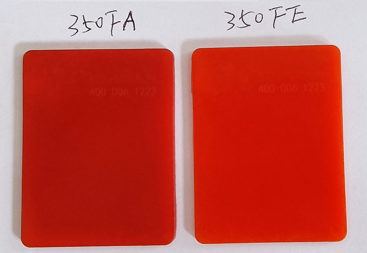 Comparison of Ranbar Dyes 350FA and 350FE color cards.